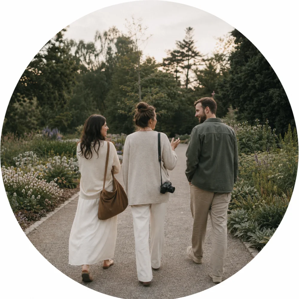 Entspanntes Kennenlernen eines Paares mit der Fotografin im Garten